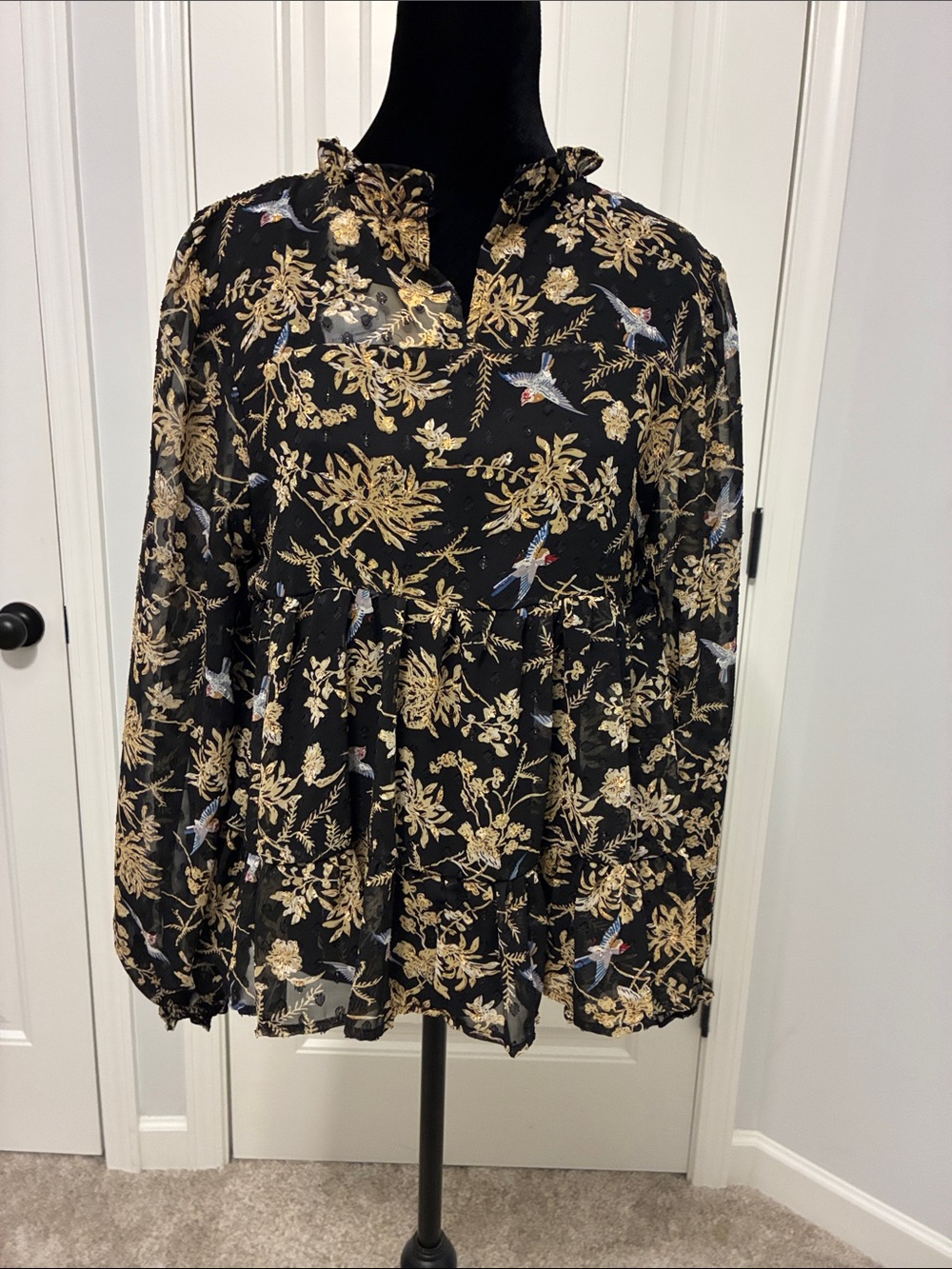 Floral Bird-Print Black Peplum Blouse by Greige